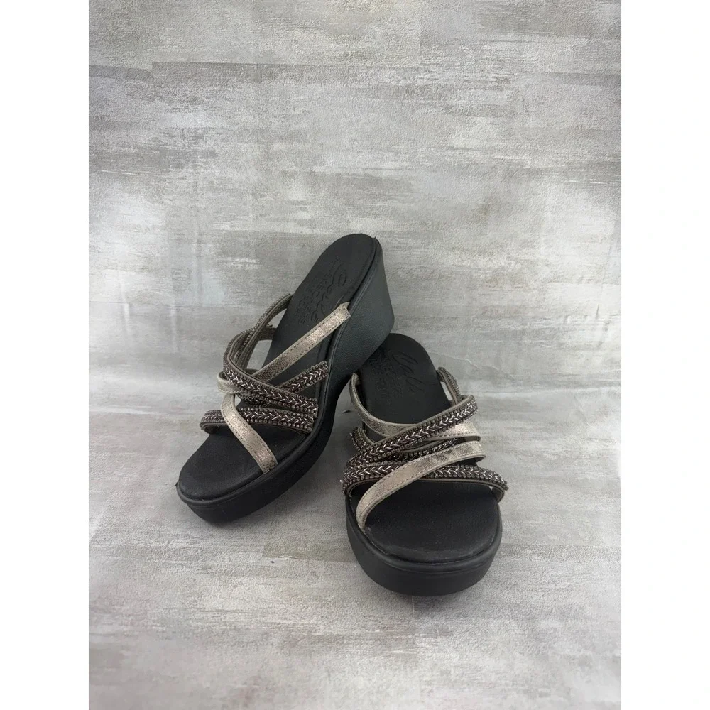 Skechers Cali Rumblers Modern Maze Wedge Sandals Black Pewter Metallic Women 7